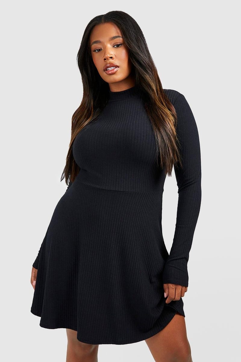Boohoo Plus Rib Half Sleeve High Neck Skater Dress