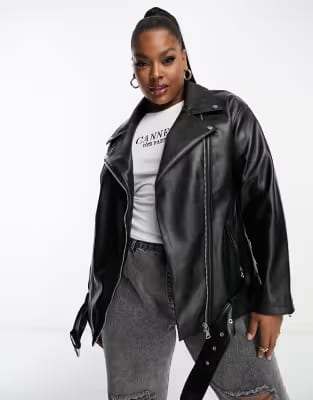 ASOS Design Curve svart bikerjacka av läderimitation i oversize och lång modell