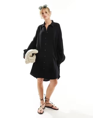 ASOS Design Curve svart skjortklänning med dubbelt tyg och fickor