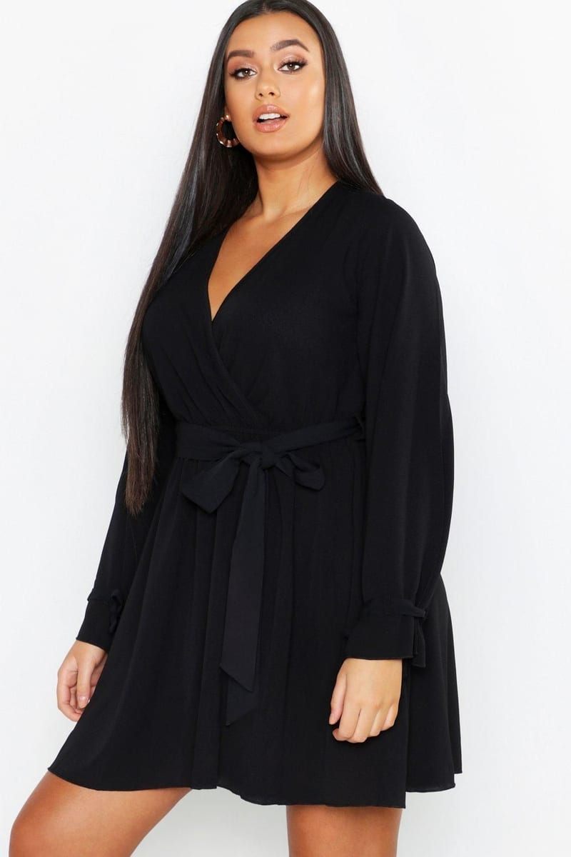 Boohoo Plus Wrap Tie Waist Skater Dress