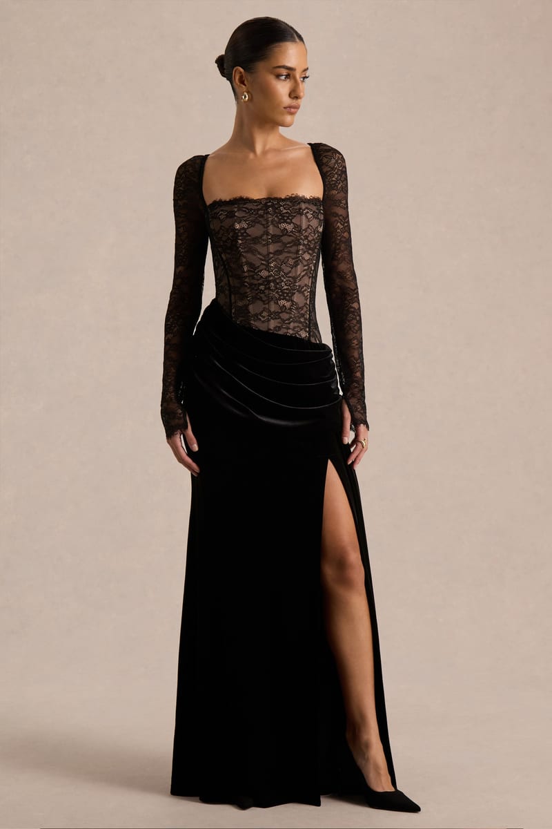 Club L London Finesse Black Lace And Velvet Square-Neck Maxi Dress With Draped Skirt