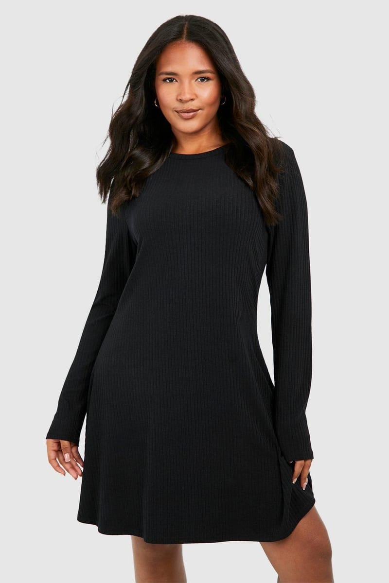 Boohoo Plus Rib Swing Long Sleeve Dress
