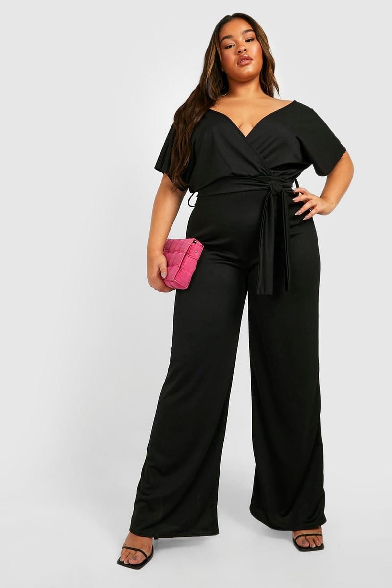 Boohoo Plus Wrap Tie Belt Jumpsuit